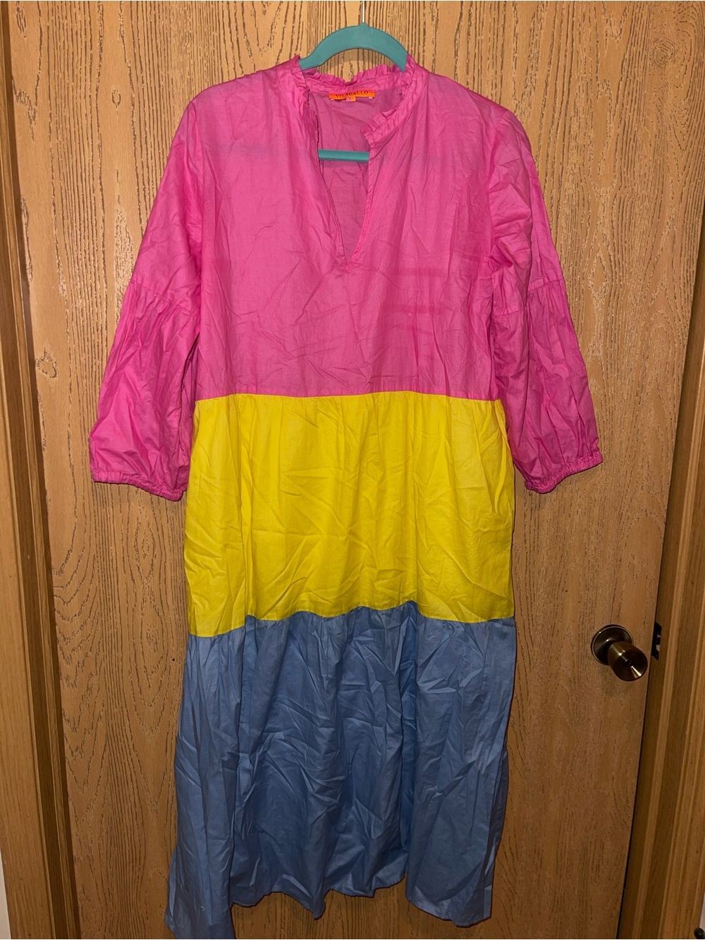 Vilagallo Pink Yellow Blue Colorblock Tiered Dress